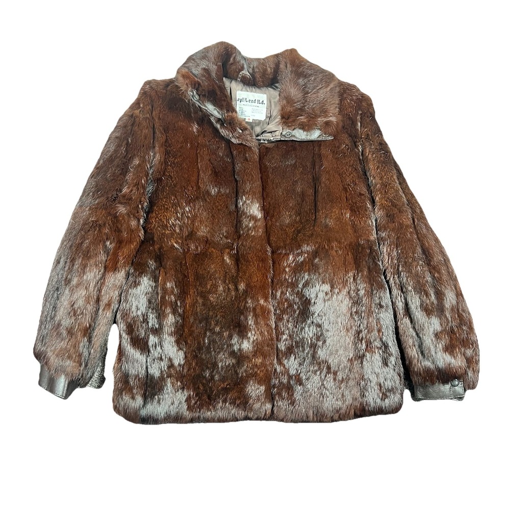 Vintage 80s 90s Split End ltd 100% Rabbit Fur Brown Coat S M Made In Hong Kong